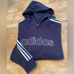 Adidas Medium Navy Hoodie with White‎ Arm Stripes and Front Pouch